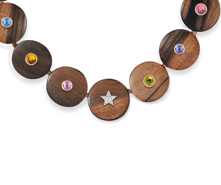 Wooden Disk ORA Magic Necklace with 18kt gold, diamond and