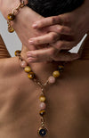 Multicolor  Brown and Golden Tiger Eye, Pink Moonstone  Chain Link Necklace With Jumbo Size Beads