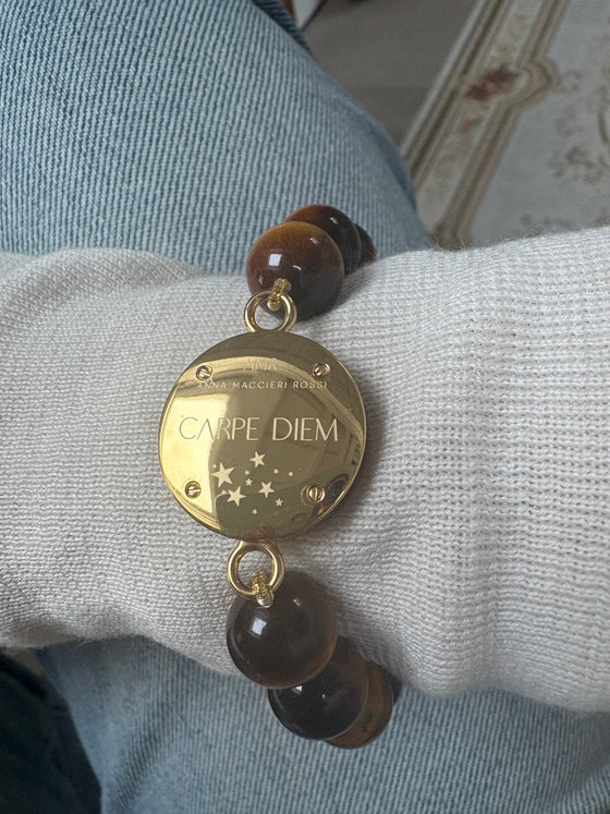 CARPE DIEM BROWN RESIN BRACELET WITH TIGER EYE BEADS & Golden Dial